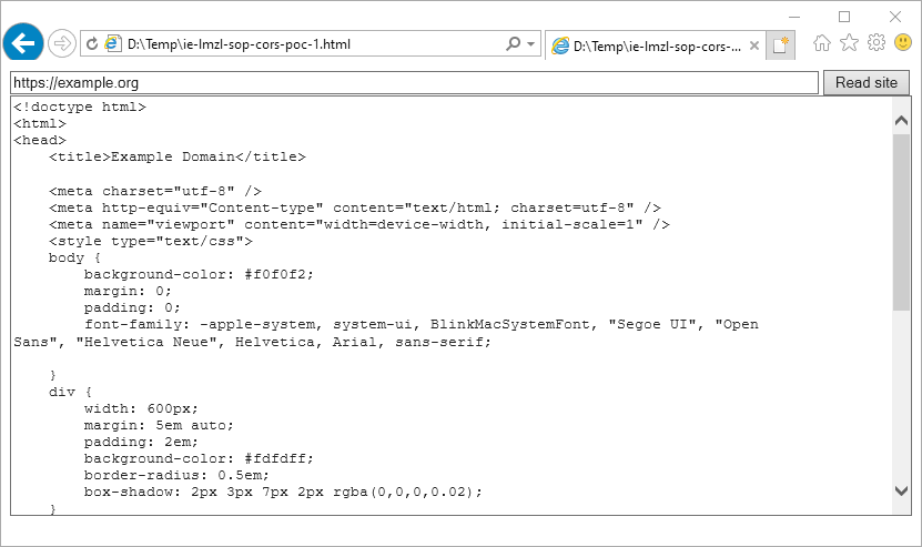 Reading the response to a cross-origin request from a local file to an arbitrary site